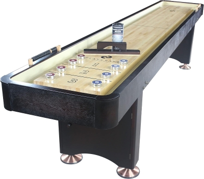 Playcraft Georgetown Shuffleboard Table with Built-In Storage Cabinet, Matching Abacus, 8 Pucks, Brush & USA Speed Wax - Pro Climate Adjusters - Hand-Stained Burnished Finish