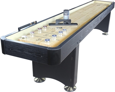 Playcraft Woodbridge Shuffleboard with Storage Cabinet — Complete Set (Abacus, 8 Pucks, Brush & USA Speed Wax) — Robust Pro Climate Adjusters