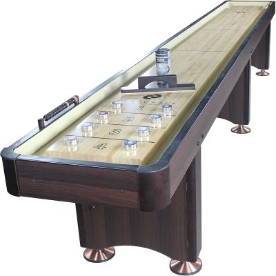 Playcraft Woodbridge Shuffleboard Table with Built-In Storage Cabinet — Game Set with Matching Abacus, 8 Pucks, Brush & USA Speed Wax — Pro-Style Climate Adjusters