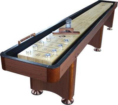 Playcraft Woodbridge Shuffleboard Table w/ In-Leg Storage Cabinet — Complete Set (Abacus, 8 Pucks, Brush & USA Speed Wax) — Pro-Style Climate Adjusters