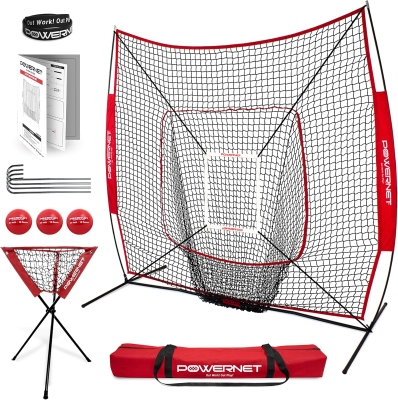 PowerNet 7x7 Deluxe Training Kit (Red) — Pitching Net with Ball Caddy, 3 Weighted Balls & Strike Zone
