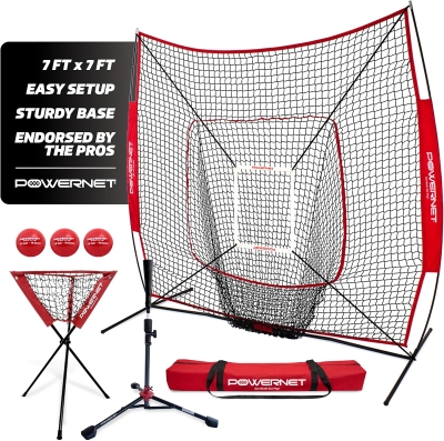 PowerNet 7' x 7' Baseball & Softball Training Kit — Red Ultimate Set with Adjustable Tee, 3 Weighted Balls, Strike Zone & Ball Caddy