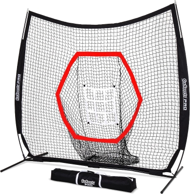 GoSports 7' x 7' Baseball & Softball Net — Red, Black or PRO Version with Bow Frame, Carry Bag & Strike Zone (All Skill Levels)