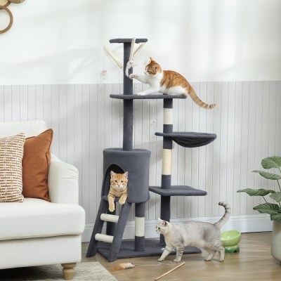 PawHut 53" Cat Tree Tower, Kitten Activity Centre with Scratching Posts, Condo, Perches, Ladder, Hammock, Dangling Toys, Dark Grey