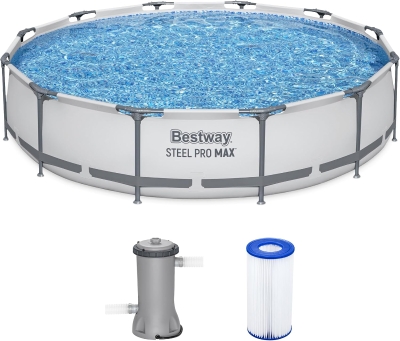 Bestway Steel Pro MAX 12' x 30"" Round Above-Ground Pool Set — Outdoor Metal Frame Family Pool with Filter Pump, Gray