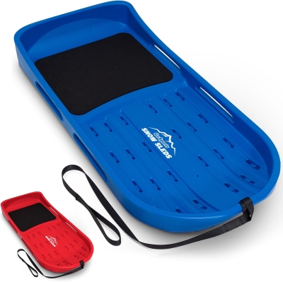 GoSports Premium 2-Person Snow Sled — 4 ft Double-Wall HDPE, Padded Seat, Tow Strap (Red or Blue)