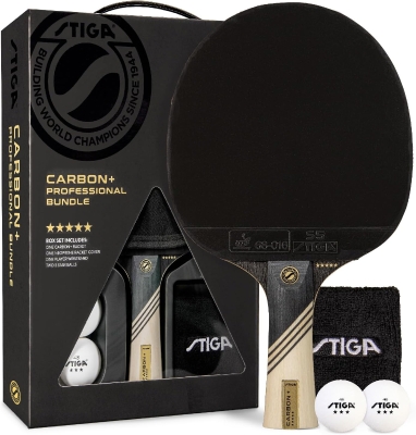 STIGA Carbon+ Bundle Paddle Set — 7-Ply Lightweight Carbon Blade, 2mm Premium Sponge, Concave Handle, Includes Two 3-Star Balls, Cover & Wristband