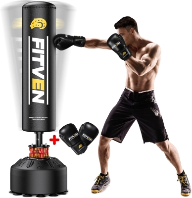 FITVEN Freestanding Kickboxing Bag with Suction-Cup Base and Boxing Gloves — 70"" Heavy-Duty Stand