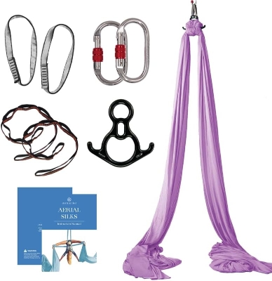 Aerial Silks Starter Kit — 9-Yard Tricot Aerial Yoga Silk with Hardware & Guide — Rigging Capable to 13 ft, All-Level Aerial Swing