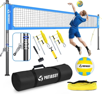 Patiassy Portable Volleyball Net for Backyard – Heavy-Duty Professional Outdoor Set with Adjustable 1.75"" Aluminum Poles, Galvanized Winch, Steel Stakes, Anti-Sag Design, Pump and 1680D Carry Bag for Beach & Grass