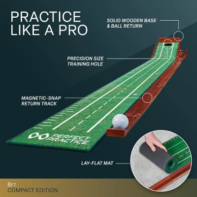 Perfect Practice 8-Foot Portable Putting Mat with Auto Ball Return — Indoor/Outdoor Training Aid Co-Developed with Dustin Johnson