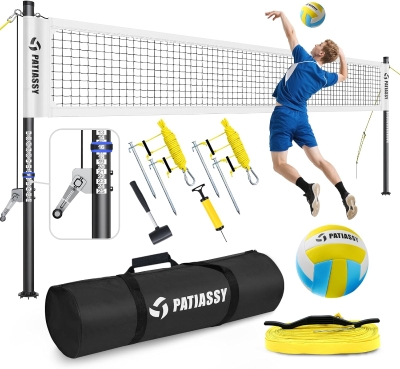 Patiassy Portable Volleyball Net — Heavy-Duty Professional Outdoor Set with Adjustable Powder-Coated Aluminum Telescoping Poles, Galvanized Winch Tension System, Steel Stakes, Anti-Sag Design, Pump & 1680D Carry Bag for Beach, Grass & Backyard