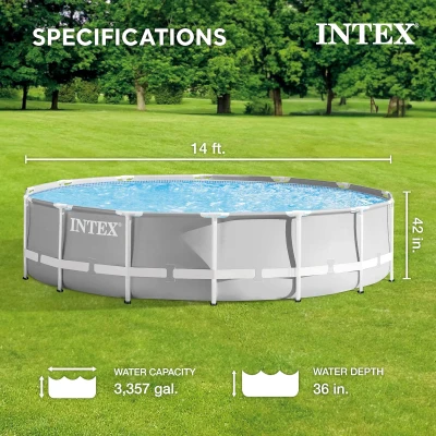 Intex Prism Frame Premium Above-Ground Pool 14ft x 42in with 1000 GPH Cartridge Filter Pump – SuperTough Puncture-Resistant, Rust-Resistant, 3357 Gallon Capacity