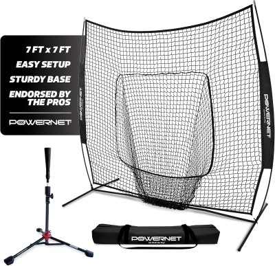 PowerNet 7' x 7' Baseball & Softball Practice Net — Black with Deluxe Adjustable Tee, Carry Bag and Fast Setup