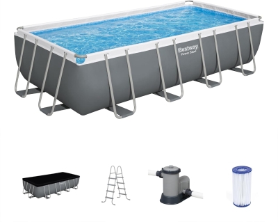Bestway Power Steel Rectangular 18 ft x 9 ft x 48 in Metal Frame Above-Ground Pool Kit with 1,500 GPH Filter Pump, Ladder and Cover