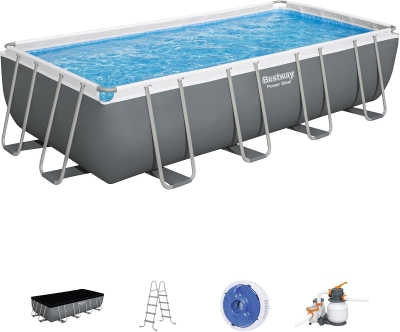Bestway Power Steel Outdoor Rectangular 18 ft x 9 ft x 48 in Metal Frame Above-Ground Pool Kit with 1,500 GPH Sand Filter, Ladder and Cover