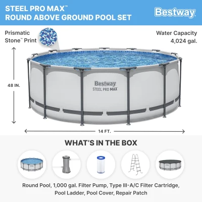Bestway Steel Pro MAX 14-Foot x 48-Inch Round Above-Ground Pool Set, Gray — Metal Frame with Filter Pump, Ladder & Cover
