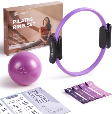 LIONSCOOL 14"" Pilates Magic Circle Set with Padded Handles, Anti-Burst Mini Ball, Resistance Bands, Guide & Storage Bag