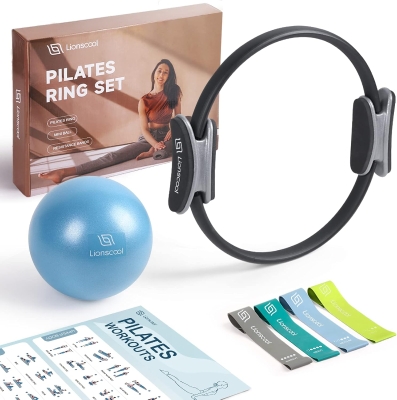 LIONSCOOL 14"" Pilates Ring Set – Anti-Deformation Magic Circle with Padded Handles, Mini Ball, Resistance Bands, Guide & Bag