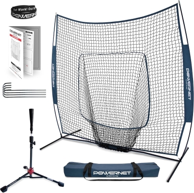 PowerNet 7x7 Practice Net & Adjustable Deluxe Tee Bundle (Navy) with Carry Bag