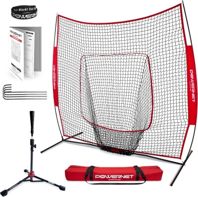 PowerNet 7' x 7' Baseball & Softball Practice Net — Red with Deluxe Adjustable Tee, Carry Bag and Fast Setup