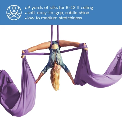 Aerial Silks Starter Kit — 9-Yard Tricot Aerial Yoga Silk with Hardware & Guide — Rigging Capable to 13 ft, All-Level Aerial Swing