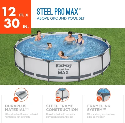 Bestway Steel Pro MAX 12 ft x 30 in Round Metal-Frame Above-Ground Pool Set — Includes 330 GPH Filter Pump