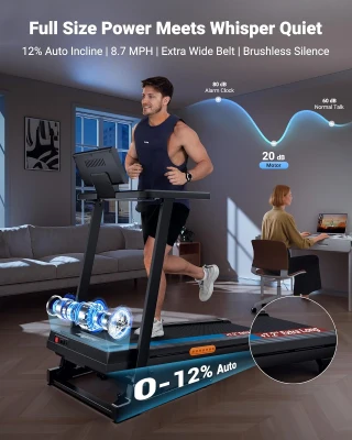 THERUN 3.0 HP Foldable Treadmill with Auto Incline – Brushless Motor, 12-Level Incline, 300 lb Capacity, Quiet Home Running Treadmill