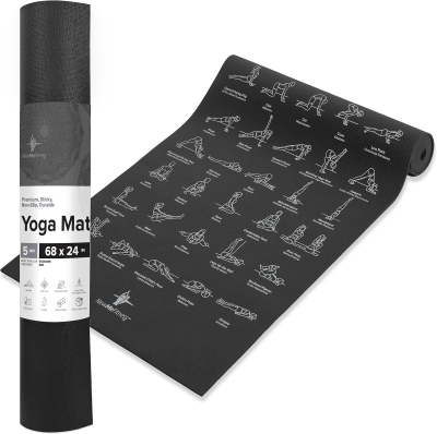 NewMe Fitness Large Yoga Mat for Women & Men — 68"" x 24"" x 5mm, Non-Slip with 70 Printed Yoga Poses for Pilates, Workout & Stretching