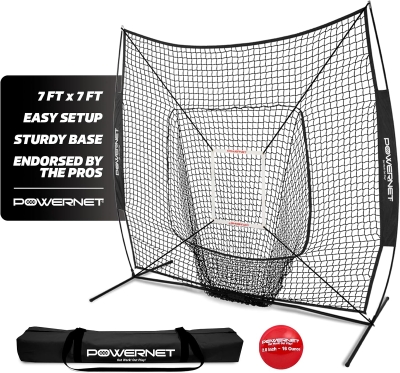 PowerNet 7'x7' Practice Net for Baseball & Softball with Accessories — Portable Batting/Pitching Net, Weighted Ball & Carry Bag