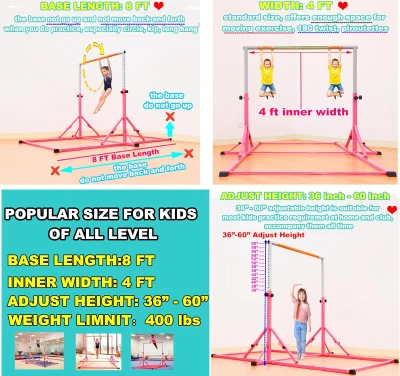 Marfula Foldable Gymnastics Kip Bar for Kids & Teens (Ages 3-20) - 5Ft/8Ft Base, 4Ft Width, 5Ft Adjustable Height - Professional Home & Club Training Equipment