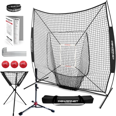 PowerNet 7x7 Baseball/Softball Training Kit with Tee, Weighted Balls, Strike Zone & Ball Caddy