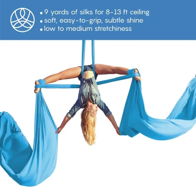 9-Yard Aerial Silks Starter Kit – Durable Tricot Aerial Yoga Hammock with Rigging Hardware & Instruction Guide, Aerial Swing for Acrobatic/Flying Yoga (Rigging Point up to 13 ft)