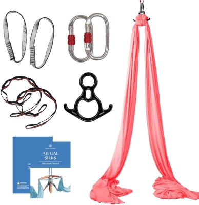Starter Aerial Silks Kit, 9 Yards Tricot Fabric – Durable Aerial Yoga Hammock with Rigging Components & Illustrated Guide for Acrobatic/Flying Yoga (Up to 13 ft Rigging)
