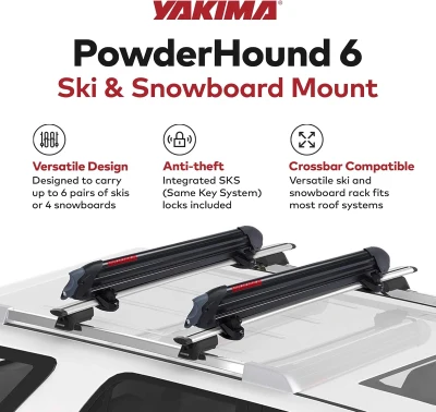Yakima PowderHound 6 Ski & Snowboard Roof Rack — Carries 6 Pairs of Skis or 4 Boards, SKS Lockable System, Fits Yakima Crossbars
