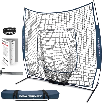 PowerNet 7x7 Baseball & Softball Practice Net Kit (Navy) with Ball Caddy, Weighted Balls and Tee