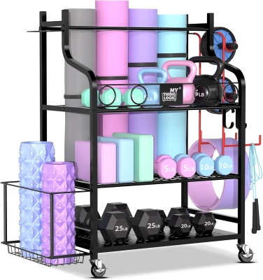 Mythinglogic Home Gym Storage Rack — Yoga Mat & Equipment Organizer with Hooks, Side Basket, 3 Mesh Shelves and Locking Wheels