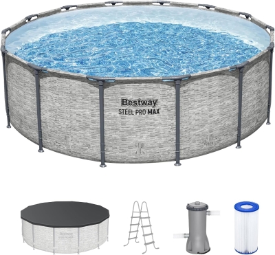 Bestway Steel Pro MAX 14-Foot x 48-Inch Round Above-Ground Pool Set with Metal Frame, Model 58388E Filter Pump, Ladder and Cover, Gray