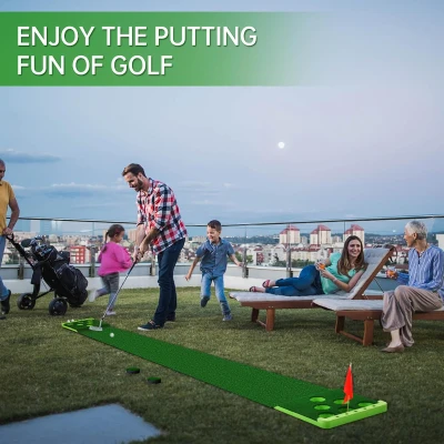 Golf Putting Game Set with Front Borders — Indoor/Outdoor Foldable Putting Pong Mat with 4 Balls, Carry Bag, 2 Flags & Cups for Parties, Backyard & Office