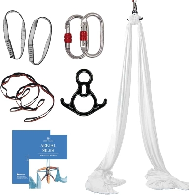 Aerial Yoga Hammock Kit – 9 yd Tricot Silks with Rigging Hardware & Guide, All-Level Aerial Swing for Flying Yoga & Acrobatics (Supports Rigging Point up to 13ft)