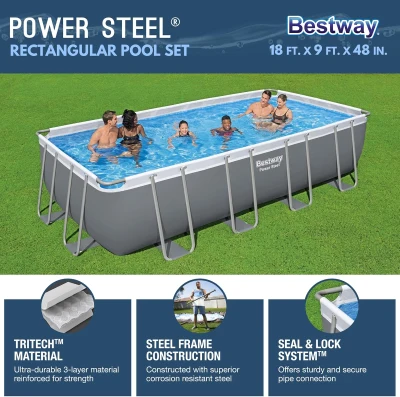 Bestway Power Steel Outdoor Rectangular 18 ft x 9 ft x 48 in Metal Frame Above-Ground Pool Kit with 1,500 GPH Sand Filter, Ladder and Cover
