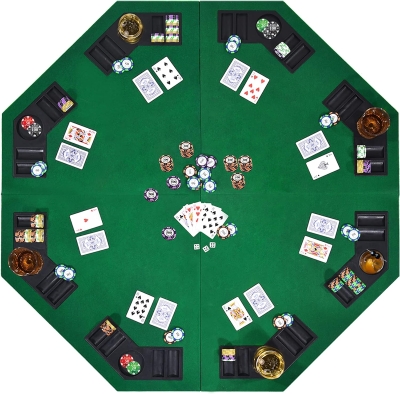 48"" Octagonal 8-Player Foldable Poker Table Top — Portable Anti-Slip Casino Layout with Embedded Chip Trays, Cup Holders and Carry Bag for Family Games
