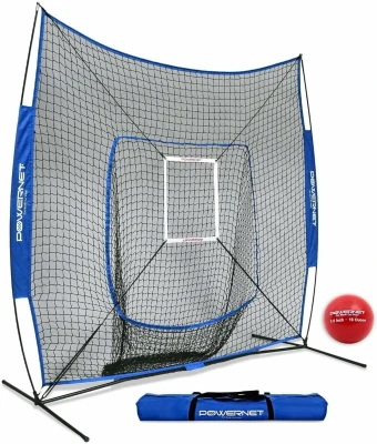 PowerNet 7'x7' Baseball & Softball Practice Net Kit with Weighted Training Ball, Strike Zone, Ball Caddy, Tee and Carry Bag