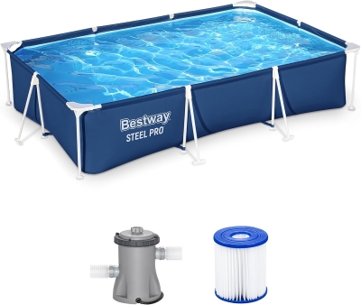 Bestway Steel Pro Rectangular Above-Ground Pool 9'10"" x 6'7"" x 26"" with Flowclear 330 GPH Pump, DuraPlus Liner – 827 Gallon Set