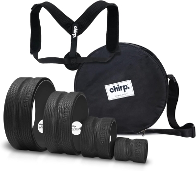 Chirp Ultimate Back + Neck Bundle — 4-Pack Massage Wheels (12-inch Gentle, 10-inch Firm, 6-inch Deep Tissue, 4-inch Focus), Upper Back Posture Corrector, Carrying Case, High-Density Foam Rollers, Supports up to 500 lbs, Black
