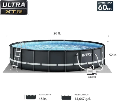 INTEX Ultra XTR Above-Ground Pool Set, 26 ft x 52 in Round Frame — Heavy-Duty Backyard Pool with 2,800 GPH Krystal Clear Sand Filter Pump (Model 26647EG)