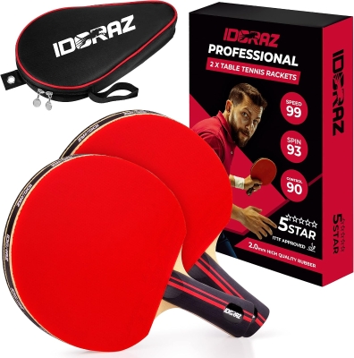 Professional Ping Pong Paddle by Idoraz - ITTF Approved Table Tennis Racket with Carrying Case, 2.00 mm Rubber - Speed 99, Spin 93, Control 90