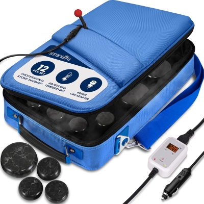 SereneLife Portable Heated Stone Massage Set — Electric Hot Stone Warmer with 6 Large & 6 Small Basalt Rocks and Digital Heating Bag