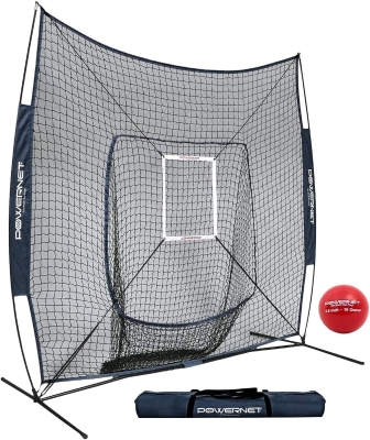 PowerNet 7x7 Baseball/Softball Practice Net Kit with Accessories - Ball Caddy, Weighted Ball & Tee