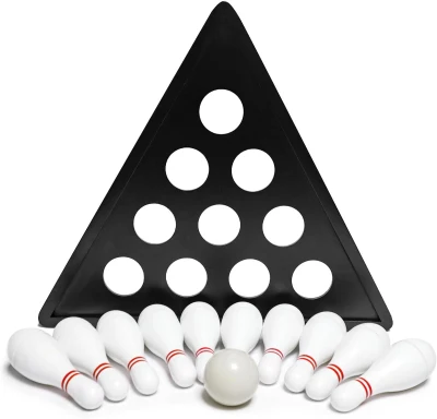 Shuffleboard Bowling Set - 10 Premium Hardwood Pins with Durable Triangular Pinsetter, Resin Bowling Ball and Carry Bag for Shuffleboard Games